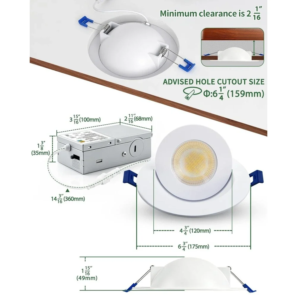 zouzai 6 Inch 360° Rotation LED Recessed Downlights 15W 1700LM Dimmable 6 Pack